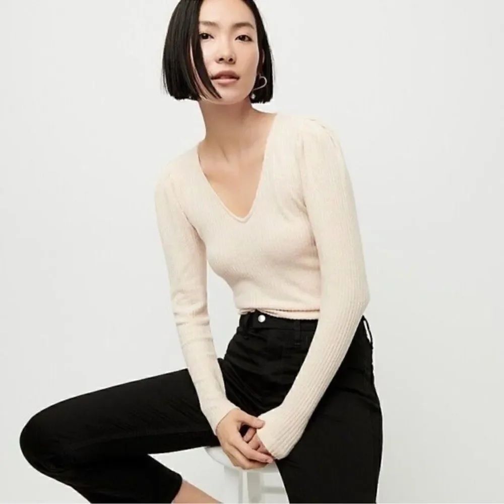 J. Crew Puff Sleeve V-Neck Soft Ribbed Long Sleeve Top NEW Size Large